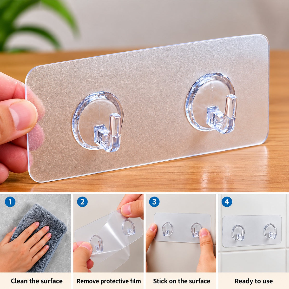 A hand holds a clear Transparent Self-Adhesive Double Wall Hook against a wooden surface. Below, four step icons show how to clean the surface, remove a protective film, stick it on, and use it.