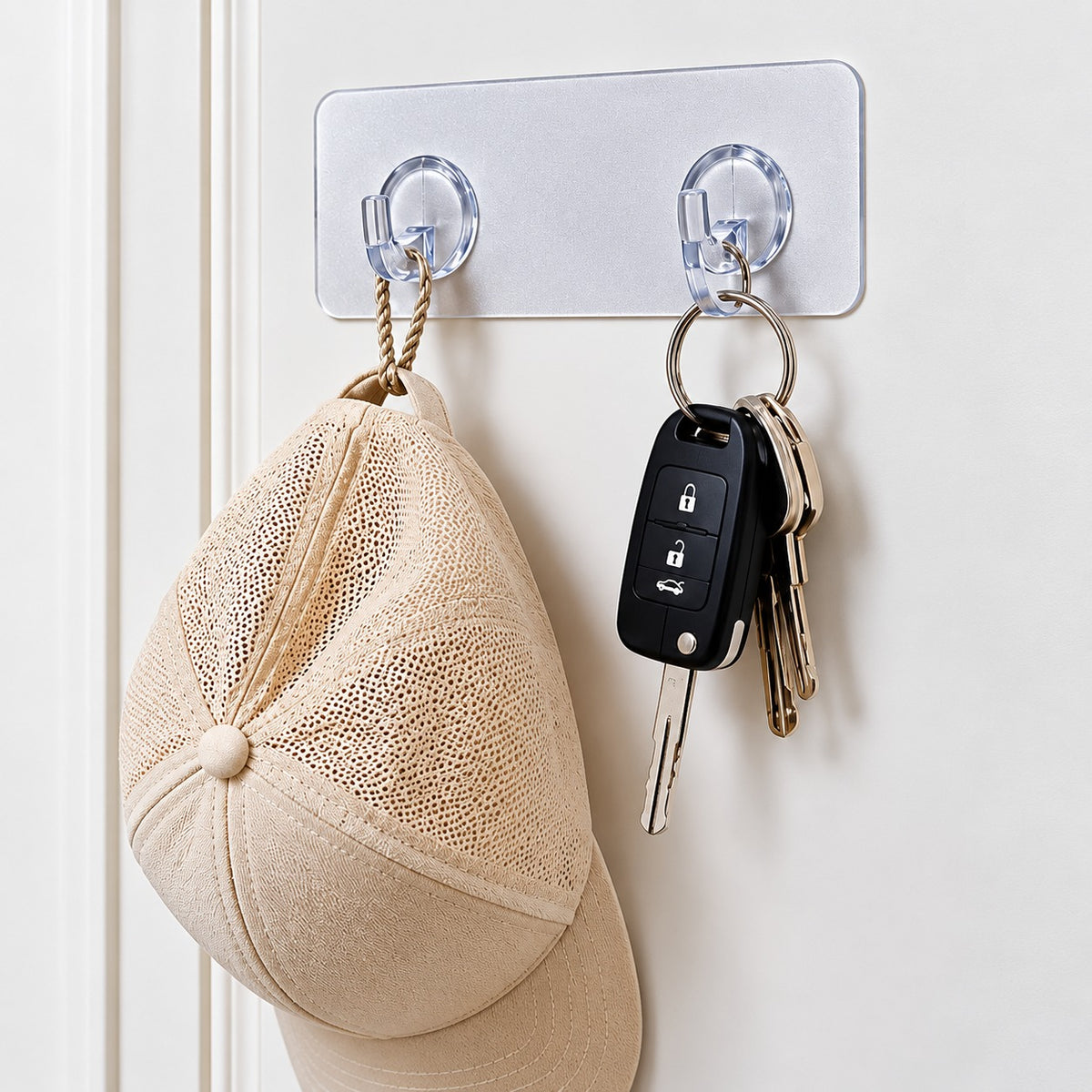 A Transparent Self-Adhesive Double Wall Hook set with two transparent suction-style rings mounted on a white door, shown holding a beige cap and a black car key fob.
