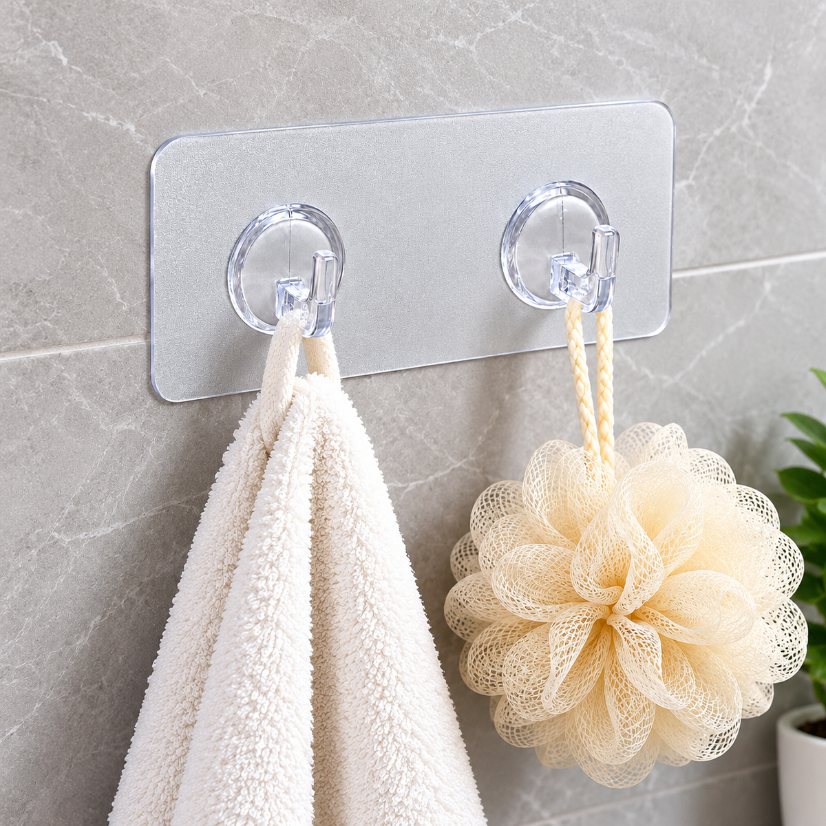 A Transparent Self-Adhesive Double Wall Hook, shown on a gray marble-look tiled wall. One hook holds a white towel, and the other holds a cream mesh bath bomb sponge.