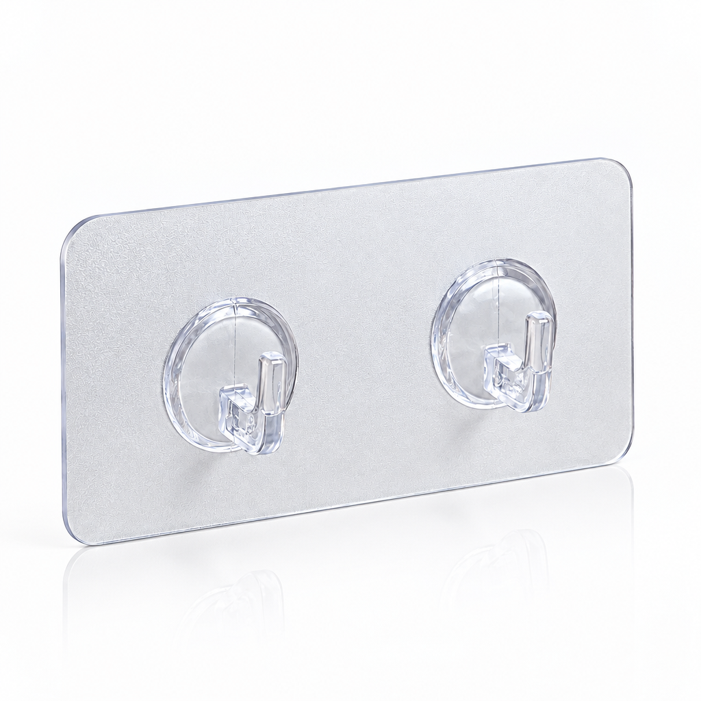A clear acrylic wall hook panel with two transparent  hooks on a white background.