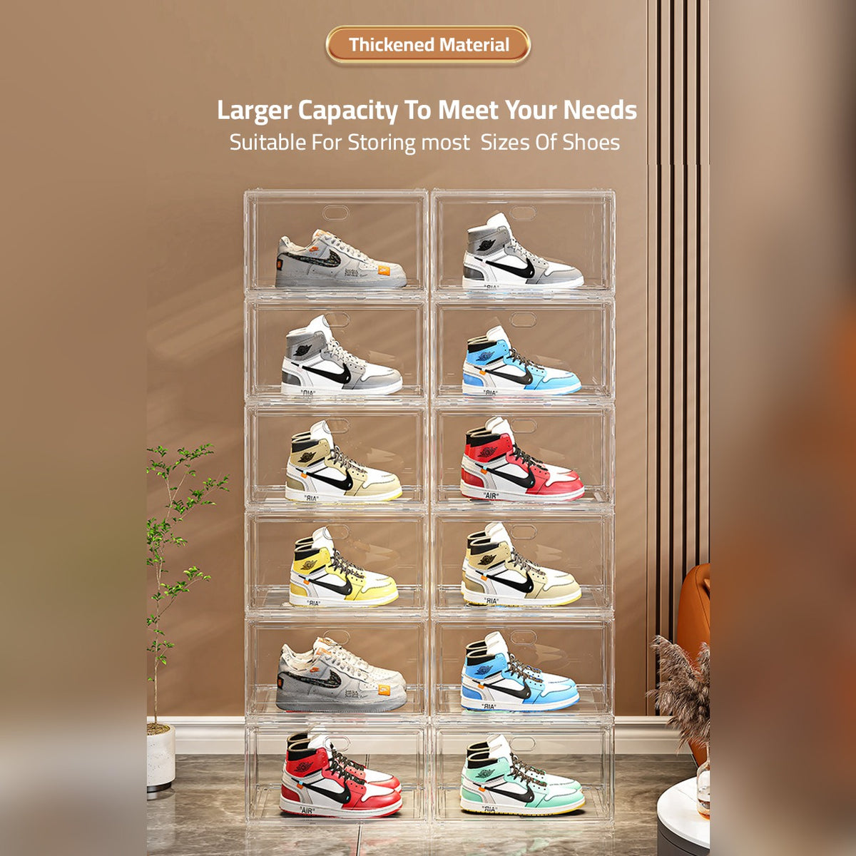 Shoes are Organized at Stackable Transparent Shoe Box Organizer.