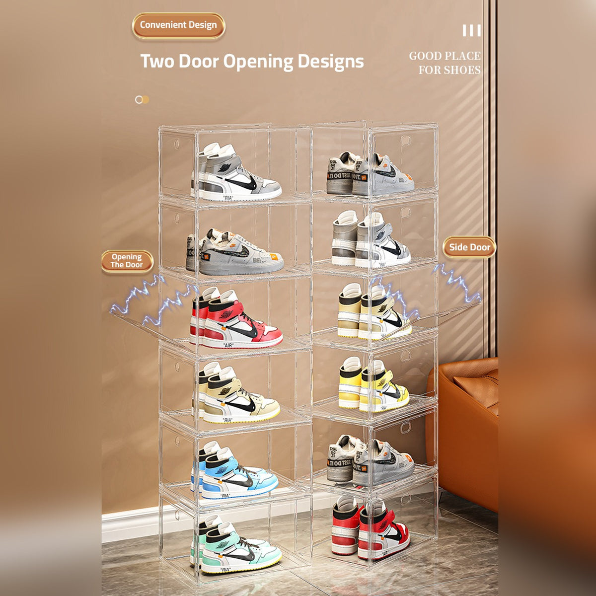 Shoes are Organized at Stackable Transparent Shoe Box Organizer.