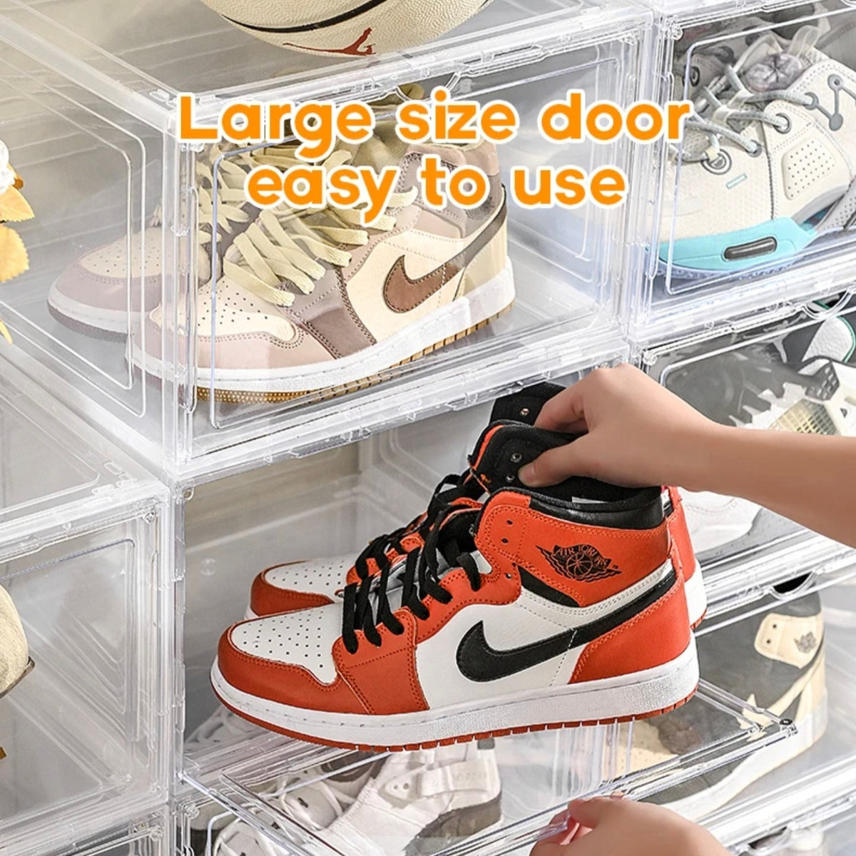A Person is Placing Shoes at Stackable Transparent Shoe Box Organizer.