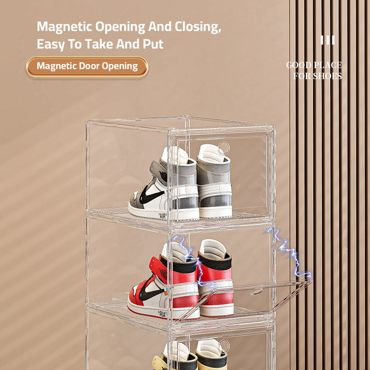Shoes are Organized at Stackable Transparent Shoe Box Organizer.