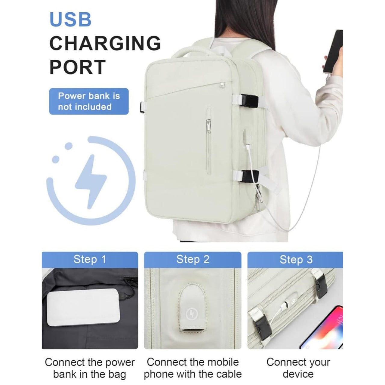 A Women is Carrying Travel Backpack and Charging her Phone.