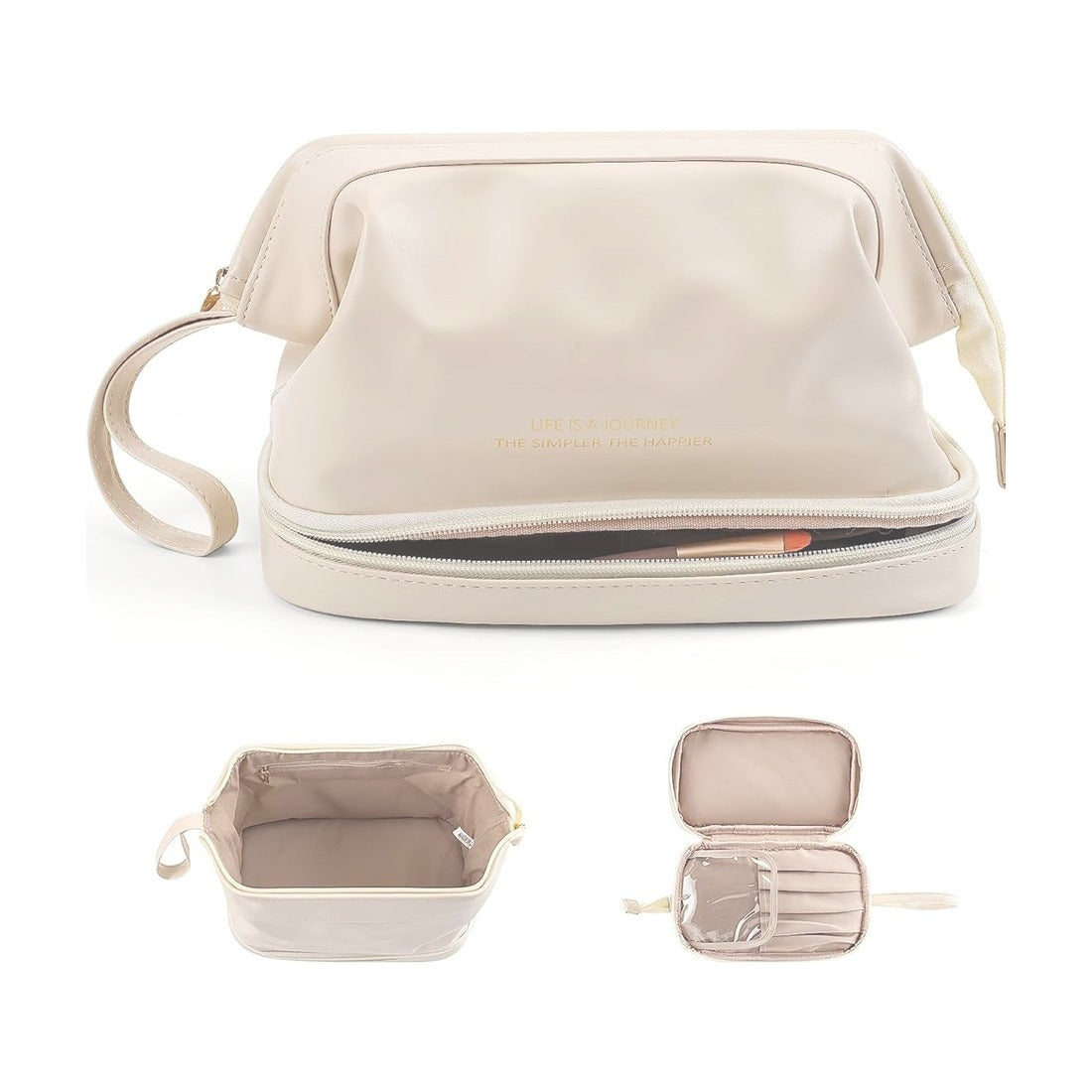 A Cream Travel Cosmetic Makeup Organizer Bag.