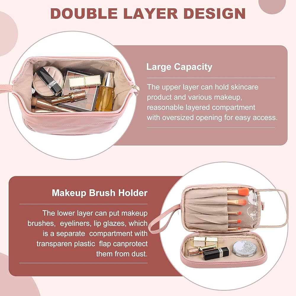 A Travel Cosmetic Makeup Organizer Bag with Makeup Items.