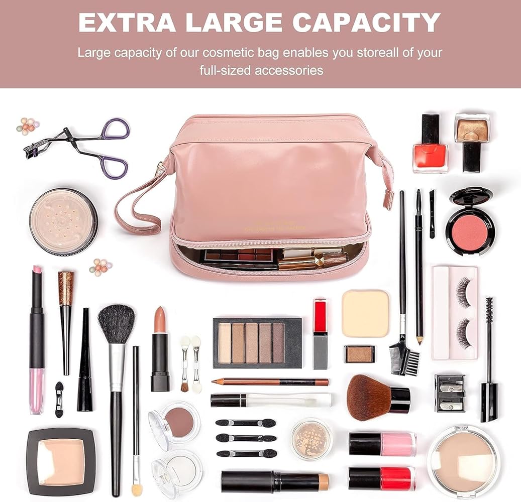 A Travel Cosmetic Makeup Organizer Bag With Makeup Items to be Stored in it.