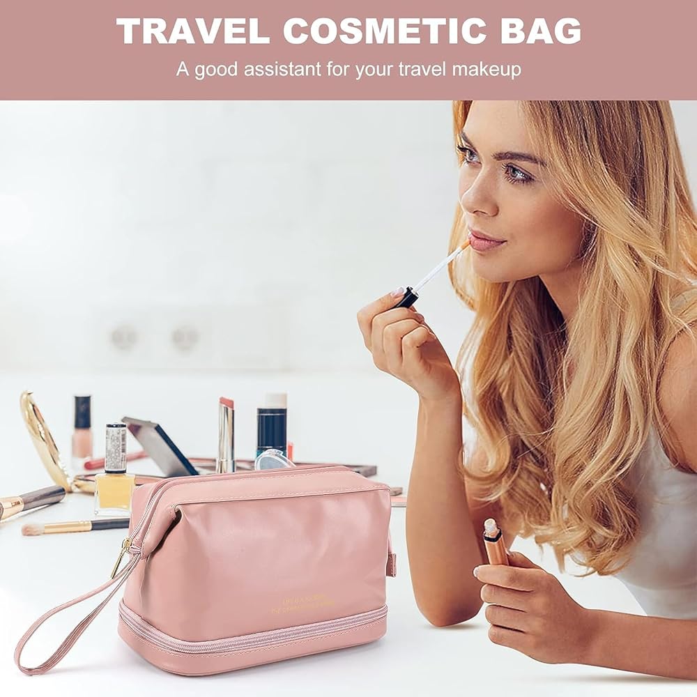 A Woman is Using Travel Cosmetic Makeup Organizer Bag to Keep Her Makeup Items.