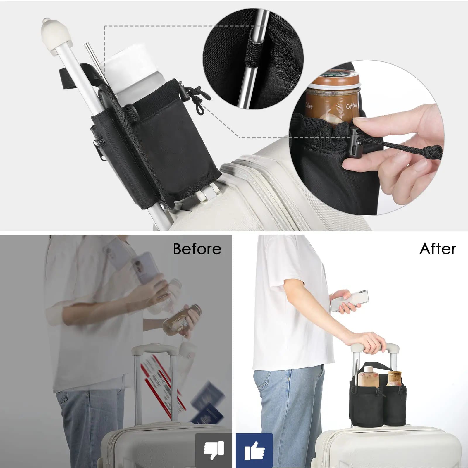 A Person Is Holding Trolley Bag With Travel Drink Holder Bag.