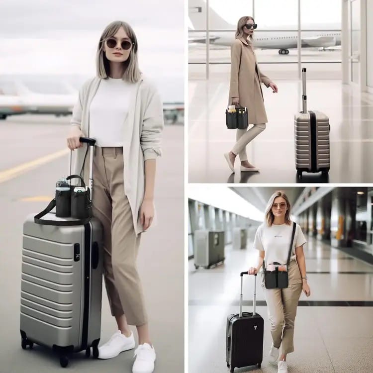 A Women is Holding Trolley Bag With Attached Travel Drink Holder Bag.