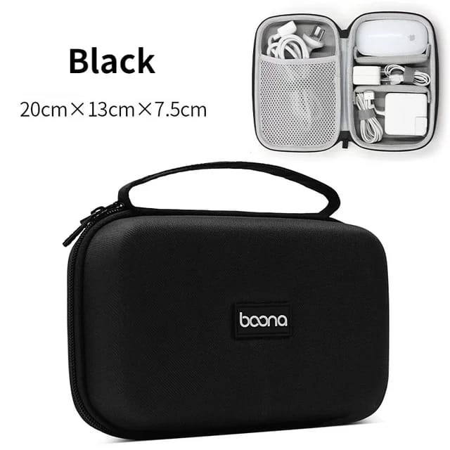 Travel Electronic Gadget Storage Bag in Black Color is Organized With Chargers and Cables.