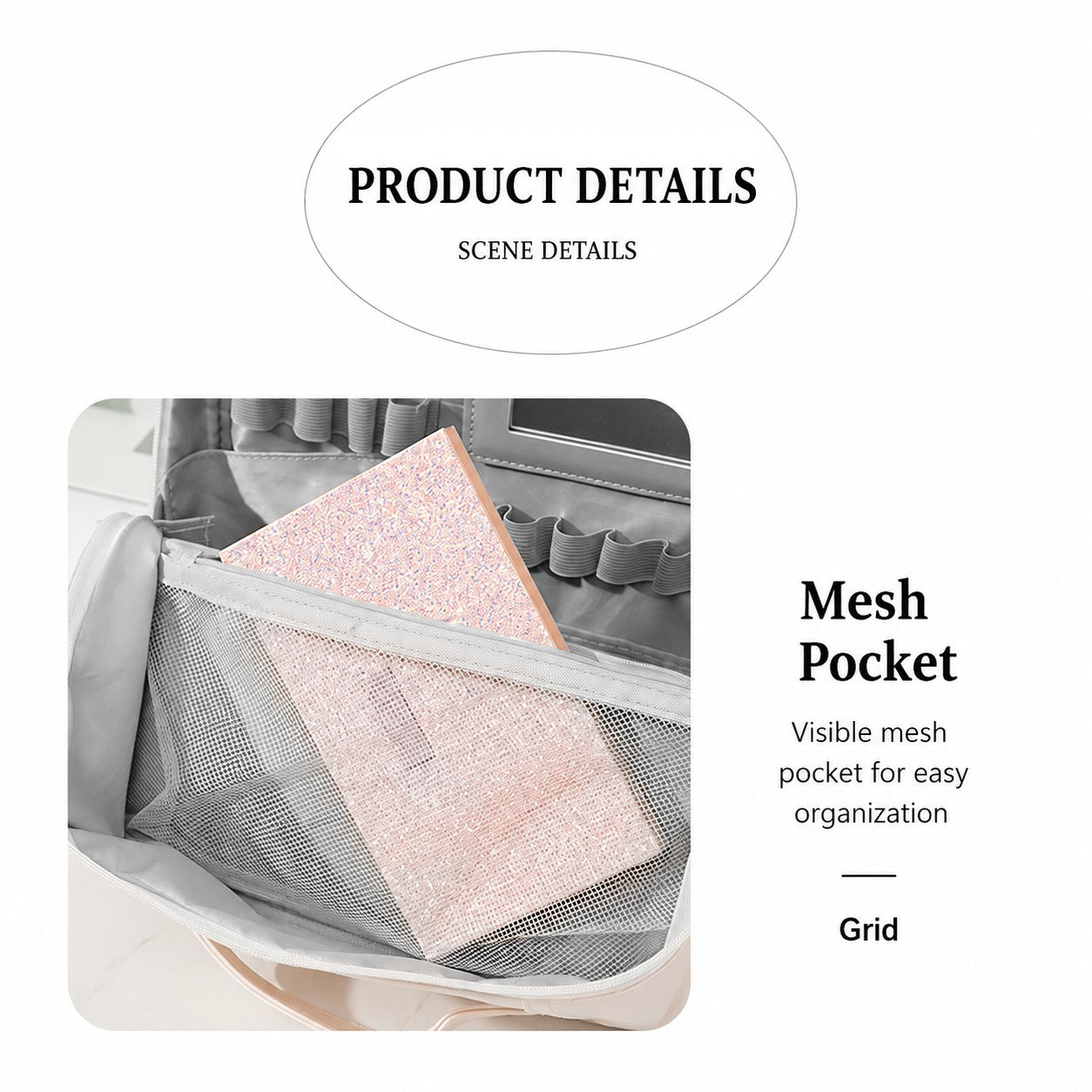 Product details graphic showing a Travel Makeup Bag Cosmetic Organizer Case with a mesh pocket containing a pink notebook, with text reading 'Product Details', 'Mesh Pocket', and 'Grid'.