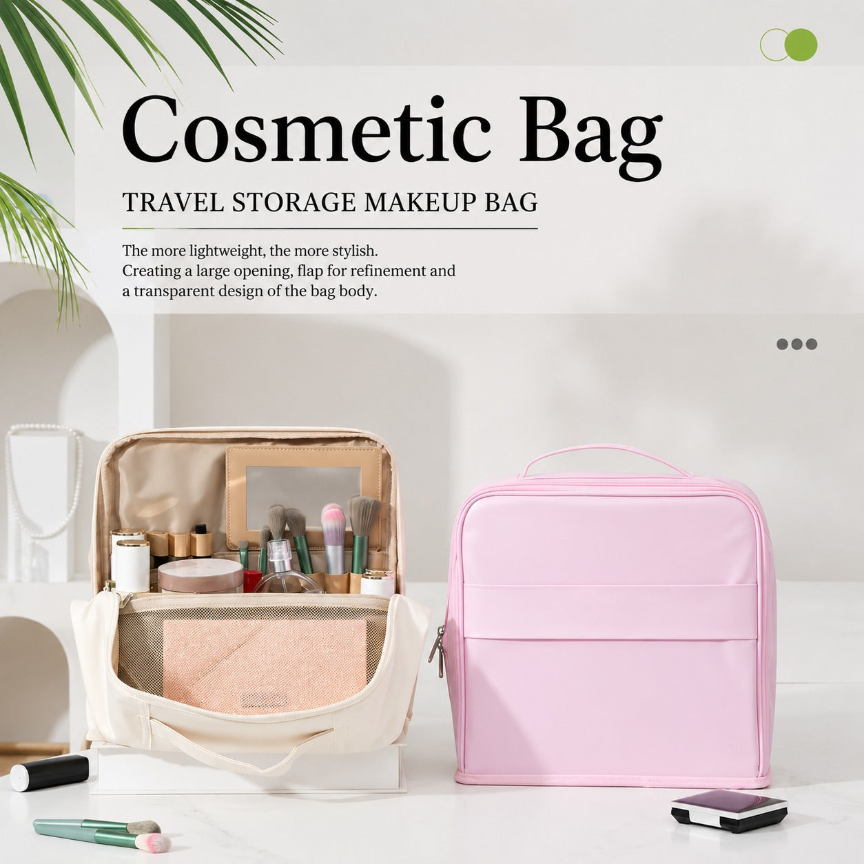 A pink and beige Travel Makeup Bag Cosmetic Organizer Case displayed on a white surface with text overlay. The left bag is open, showing an organized interior with makeup items inside, while the right bag is closed in a soft pink color.