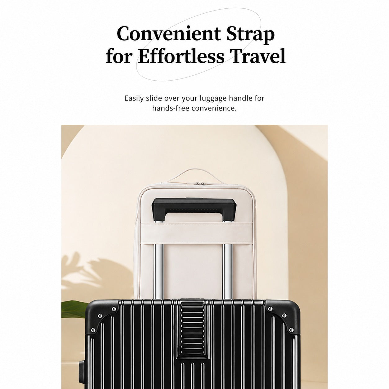 Travel Makeup Bag Cosmetic Organizer Case showing a retractable hard-shell suitcase with a slide-on handle. The top half contains marketing text reading 'Convenient Strap for Effortless Travel' and 'Easily slide over your luggage handle for hands-free convenience.