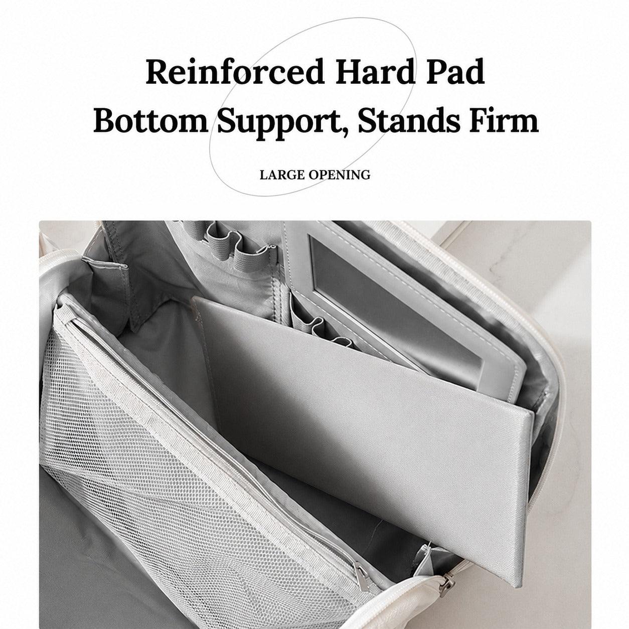 An open Travel Makeup Bag Cosmetic Organizer Case with text above reading 'Reinforced Hard Pad Bottom Support, Stands Firm' and 'LARGE OPENING.' The photo shows the interior structure and padded compartments of the bag.