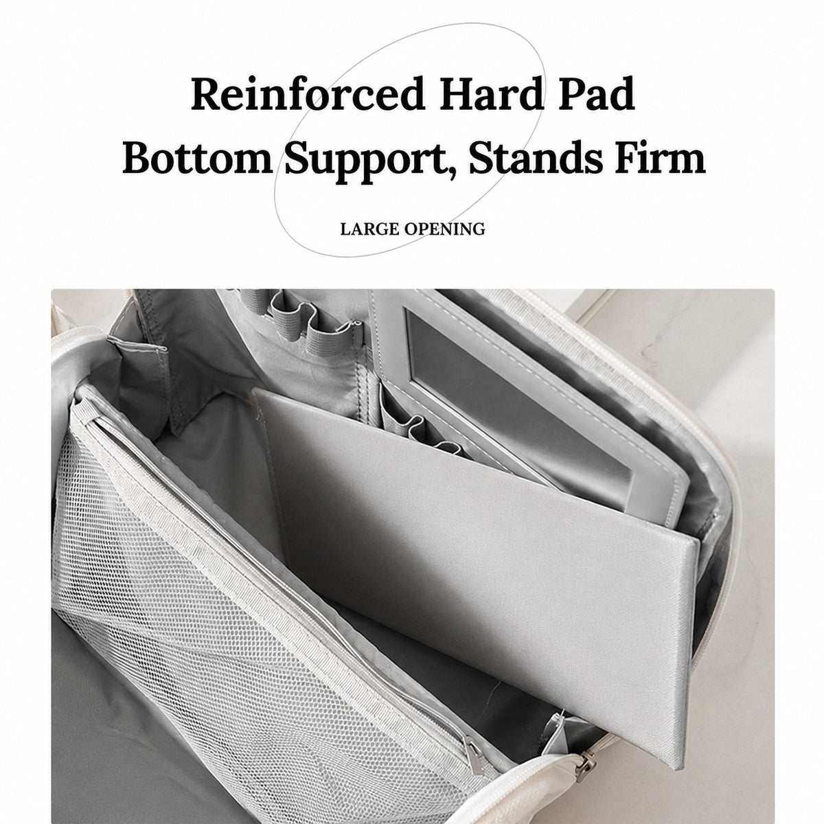 An open Travel Makeup Bag Cosmetic Organizer Case with text above reading 'Reinforced Hard Pad Bottom Support, Stands Firm' and 'LARGE OPENING.' The photo shows the interior structure and padded compartments of the bag.