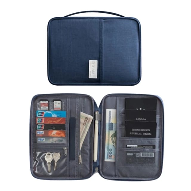 different sides of the Travel Passport and Document Organizer Bag in blue color