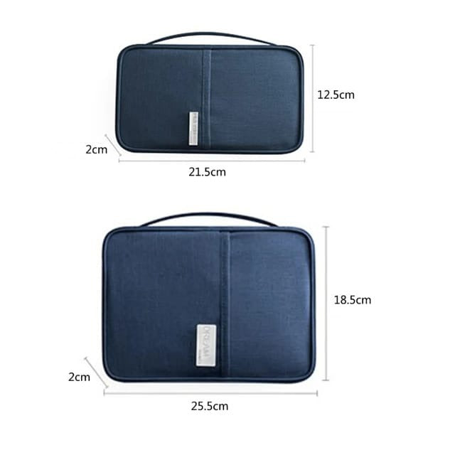 Travel Passport and Document Organizer Bag in blue color with  its size