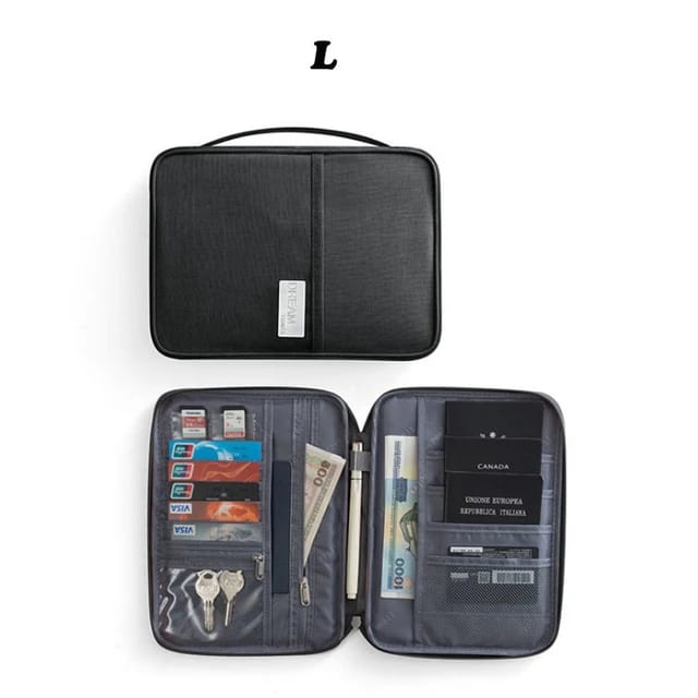 different sides of the Travel Passport and Document Organizer Bag in black color
