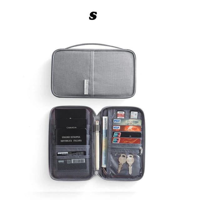 different sides of the Travel Passport and Document Organizer Bag in gray color