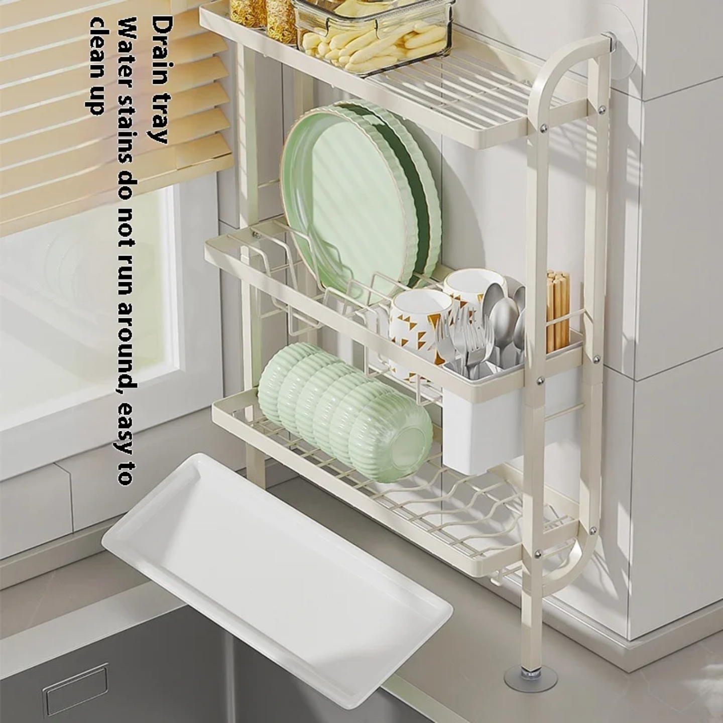 Different Utensils are Arranged in a Kitchen Dish Storage Rack Equipped with Drain Tray.