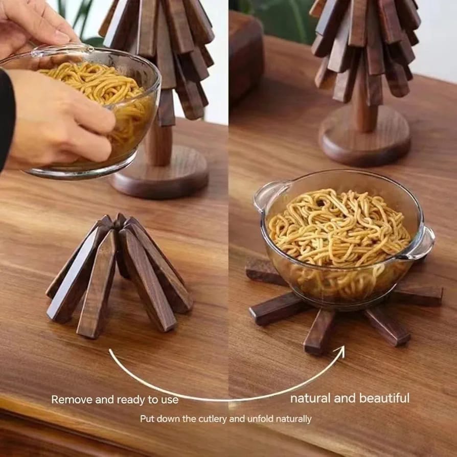 A Person is Placing A Dish Bowl on Tree Shaped Wooden Dish Mat.