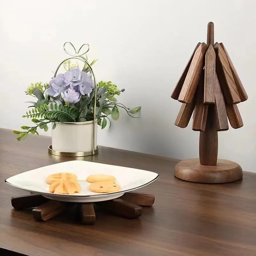 A Snack Plate is Placed On a Tree Shaped Wooden Dish Mat.