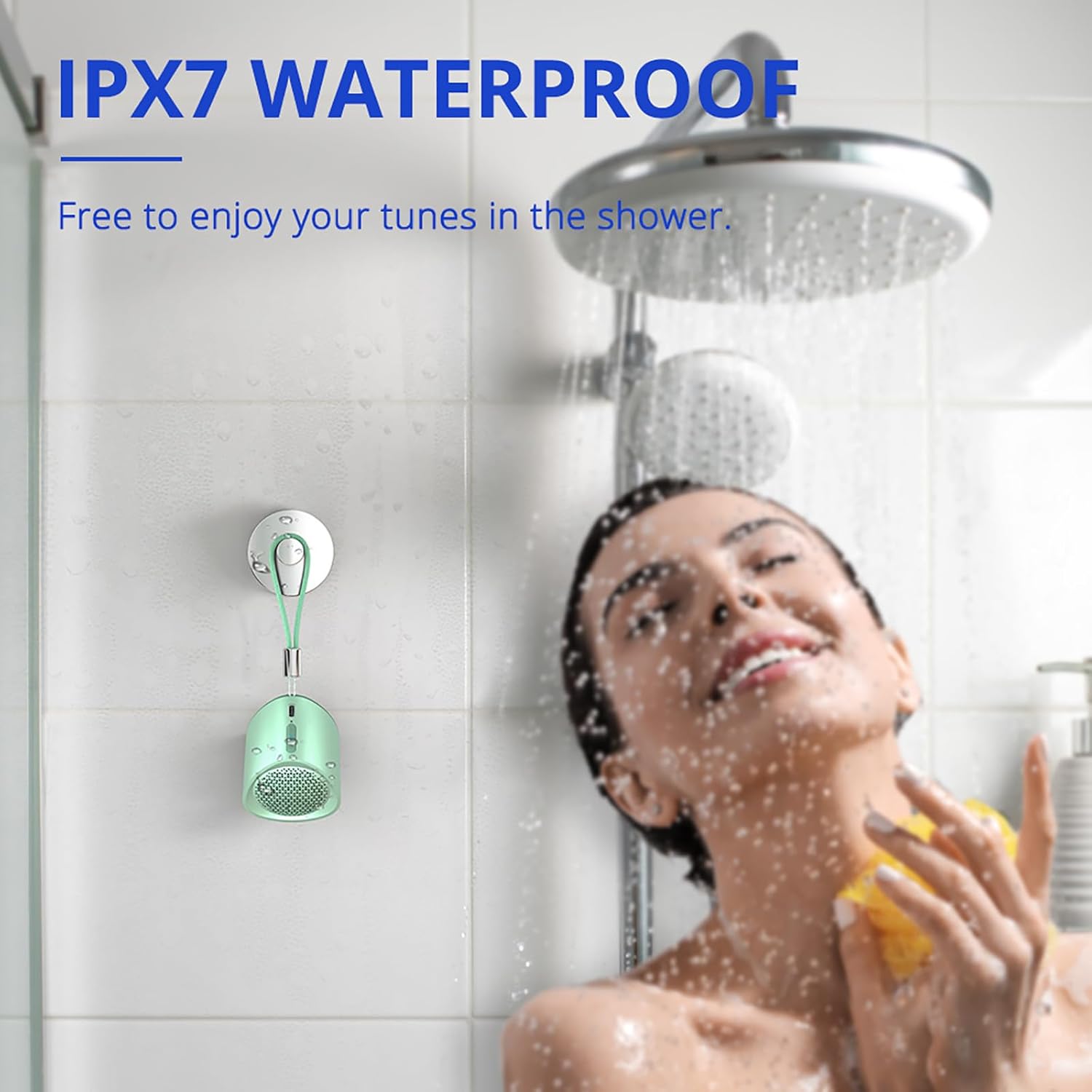 A Women is Showering By Playing Tronsmart Nimo Mini Bluetooth Speaker.