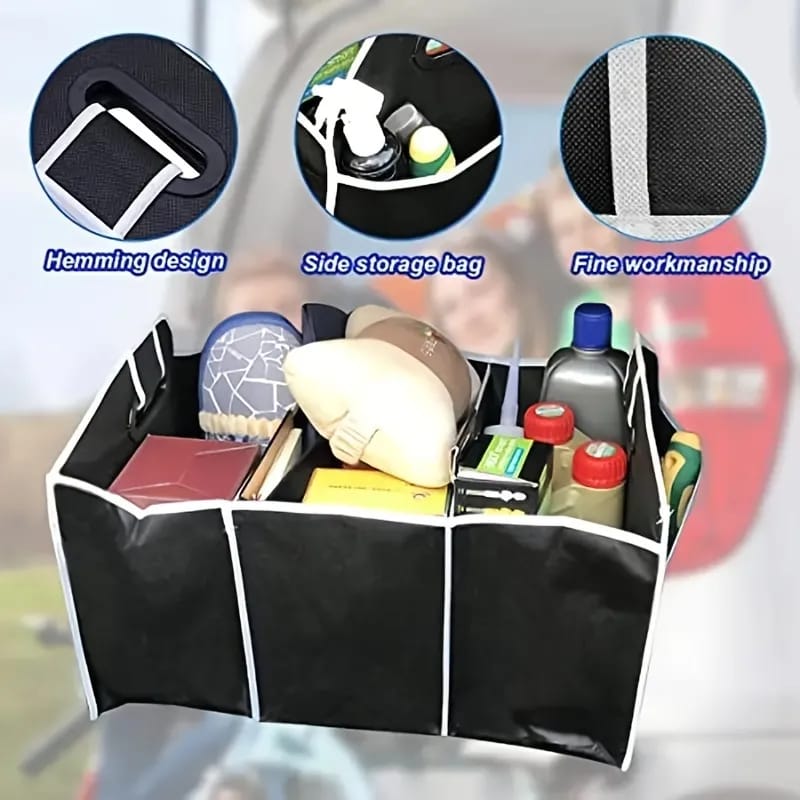 Different Things are Stored in a Car Multi-Pocket Trunk Organizer.