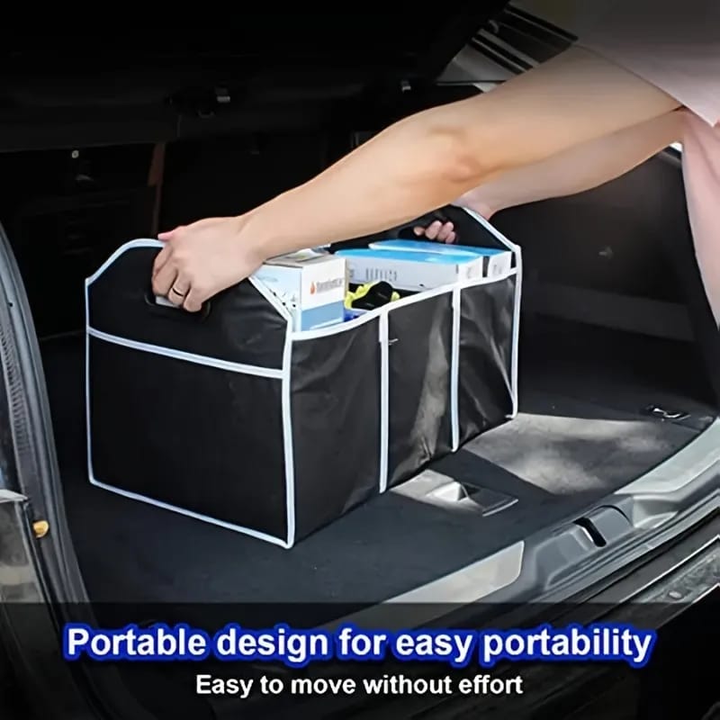 A Man Places Multi-Pocket Trunk Organizer in to a Car.