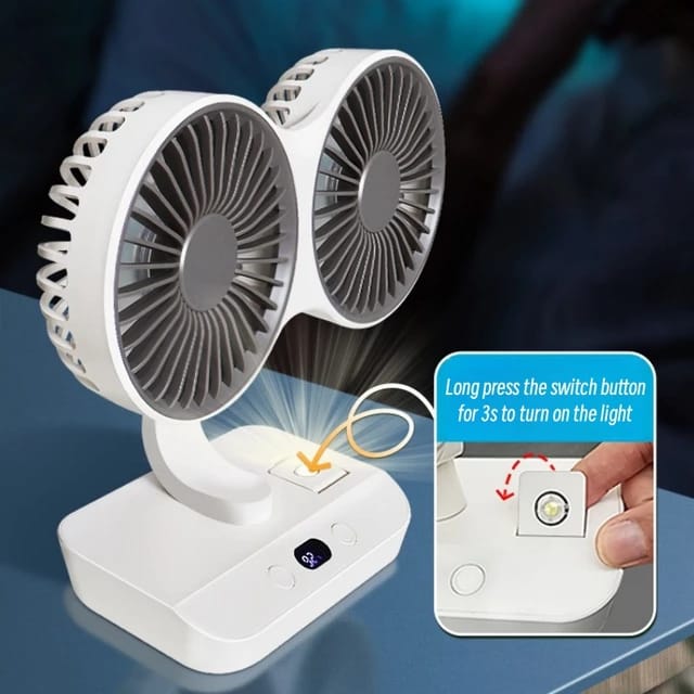 A Person is Turning ON Double Headed Desktop Wall Mounted Fan 