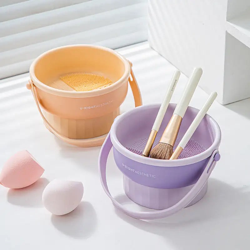 Makeup Brush Cleaning Mat with Brush Drying Holder placed on the floor