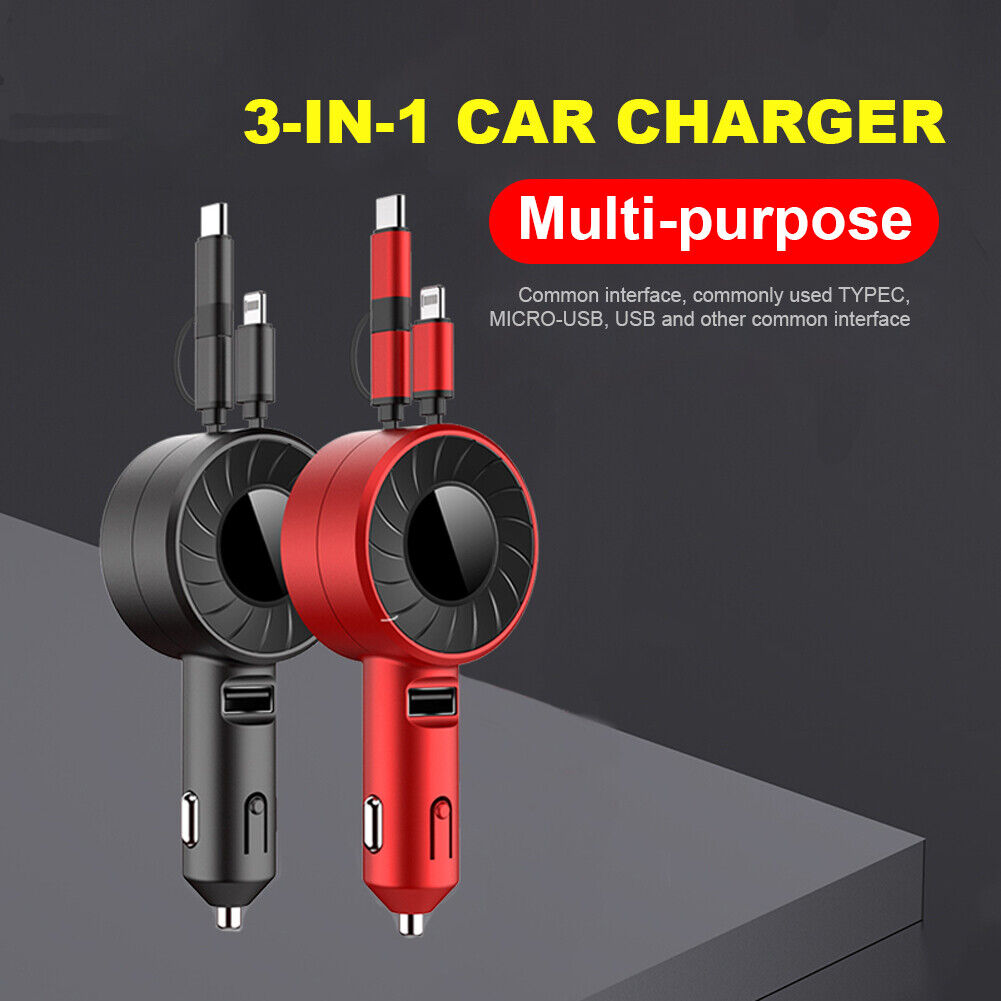 Red and blue 3-in-1 Retractable Cable Multi-Charging Car Charger Adapter with multi-purpose functionality