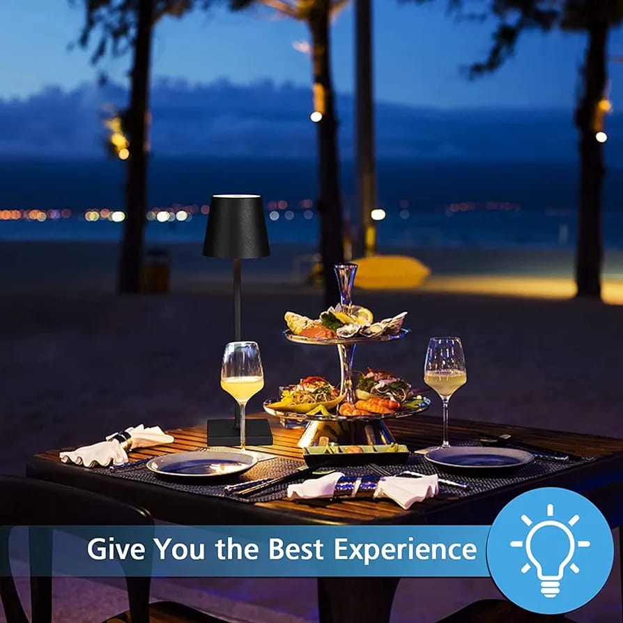 USB Cordless LED Table Lamp Is Placed Outdoor Near Dining Table 