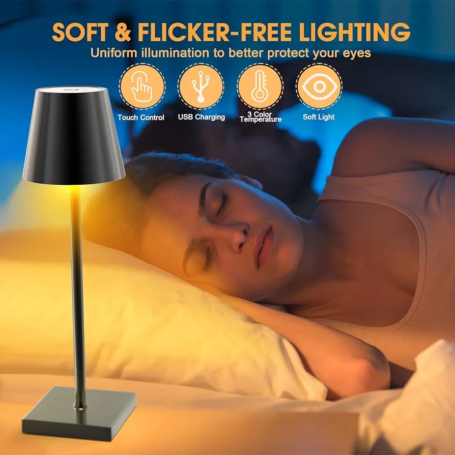 A Women Sleeping By Turning The Warm Light Of USB Cordless LED Table Lamp.