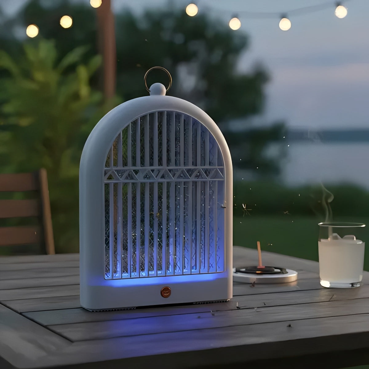 USB Rechargeable Electric Mosquito Killer Lamp on a table with a candle and string lights in the background.