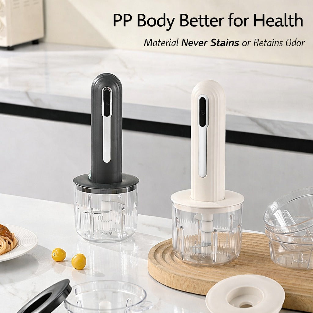 Two cordless electric food processors, one in black and one in white, displayed on a kitchen counter with clear glass chopping bowls, showcasing their PP body design that doesn’t stain or retain odor.