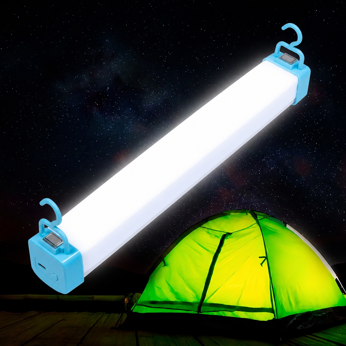 USB Rechargeable LED Camping Tube Light with a Camping Setup Backround.