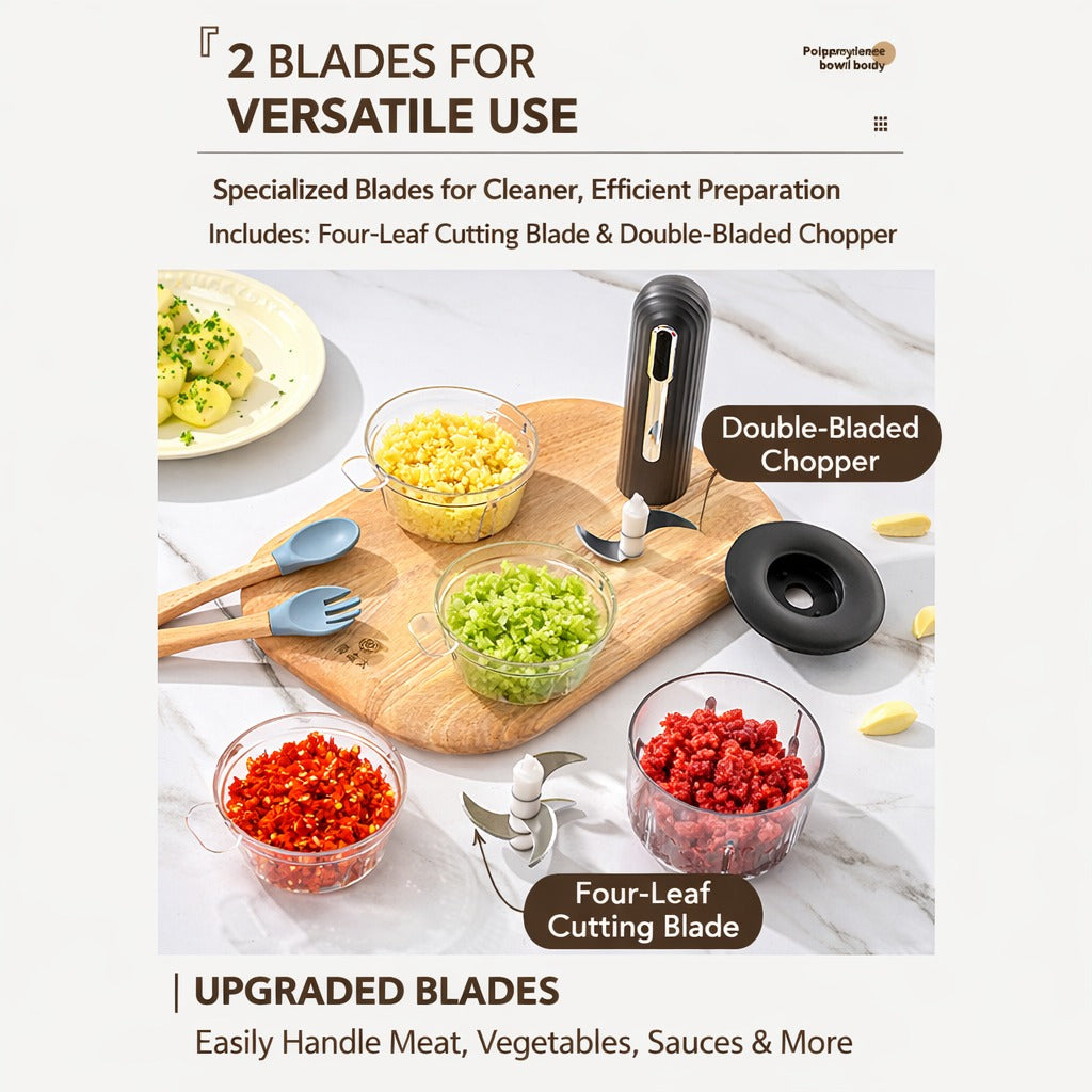 USB rechargeable food processor blender shown on a kitchen counter with detachable blades, glass bowls filled with minced meat, chopped mushrooms, and grated carrots.