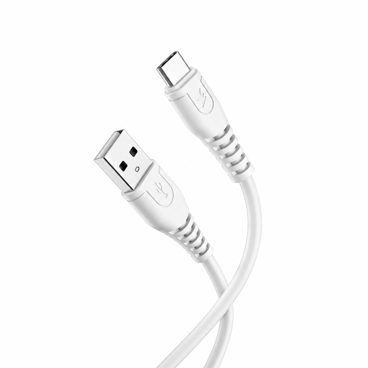 White USB cable with Type-C connector on a white background
