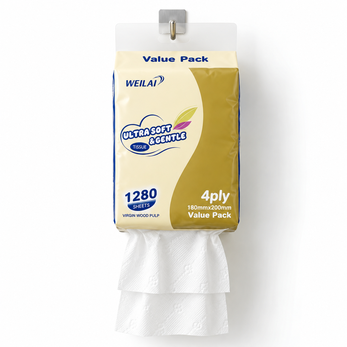 A pack of Weilai Ultra Soft & Gentle 4ply paper towels hanging from a wall hook, with white paper towels pulled out from the bottom. The packaging is cream and gold with blue text.