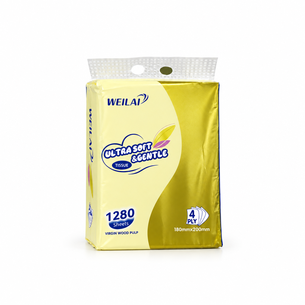 A package of Weilai brand tissue paper, featuring a yellow and cream-colored bag with blue and purple text, containing 1280 sheets of virgin wood pulp tissue.