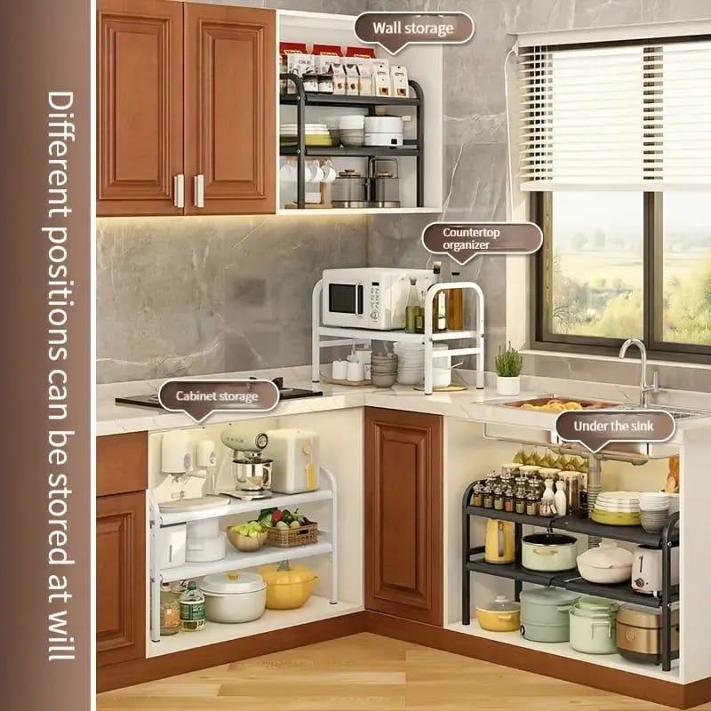 Under Sink Storage Rack is Placed in Different Positions at Kitchen.