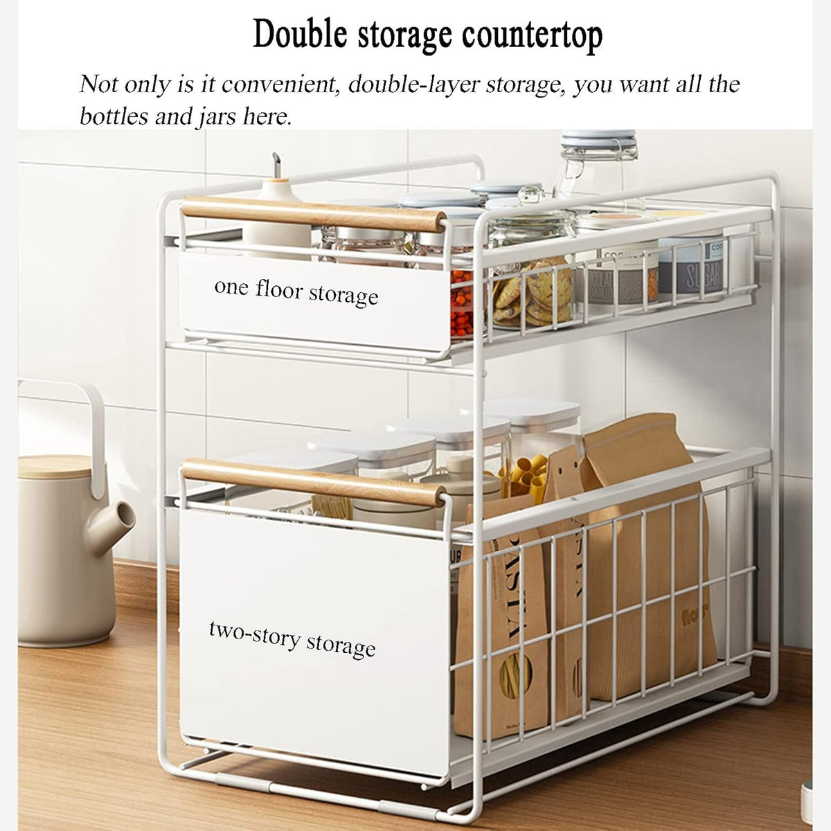 Kitchen Essentials are Organized at Under Sink Storage Rack.