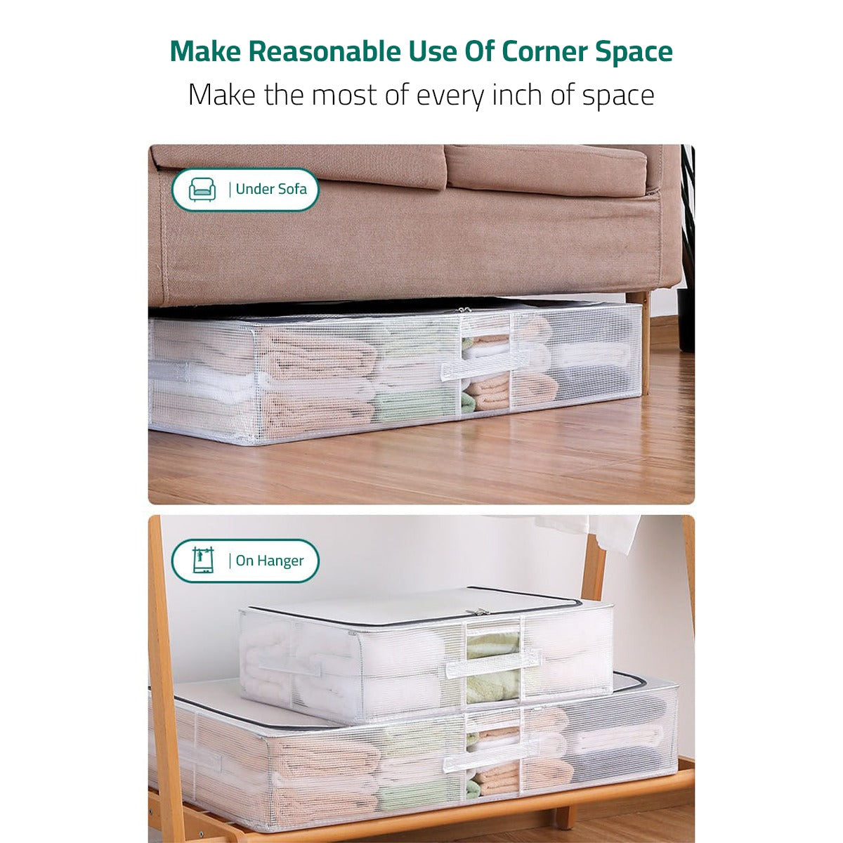 Underbed Storage Box is Stored Under Sofa and Hanger.