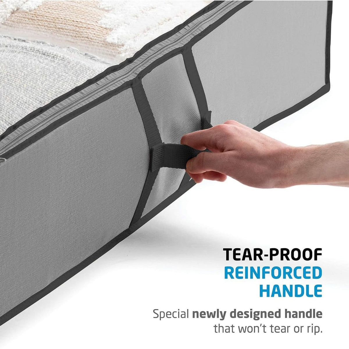 A Person is Holding Handle Of Underbed Storage Organizer Bag.