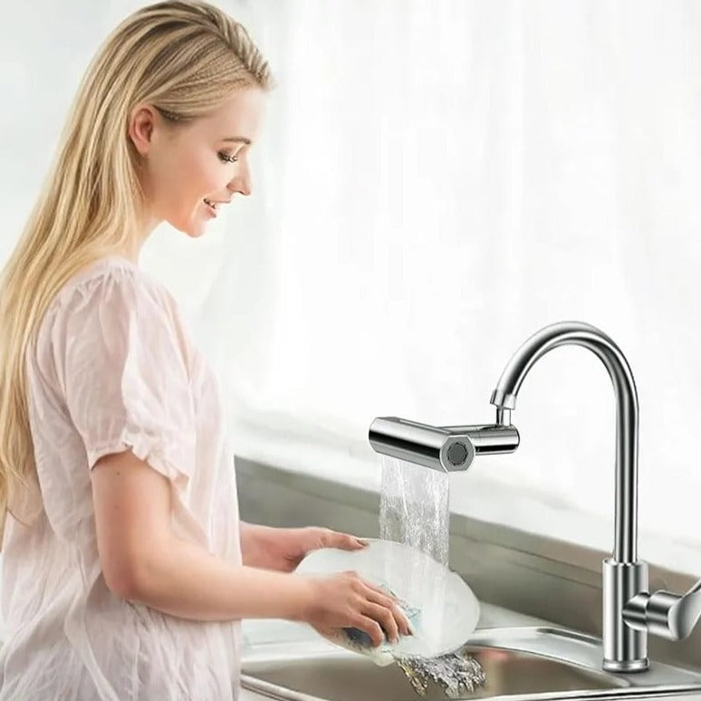 A Women is Washing Plates Using Multifunctional Universal Faucet Shower Extension.