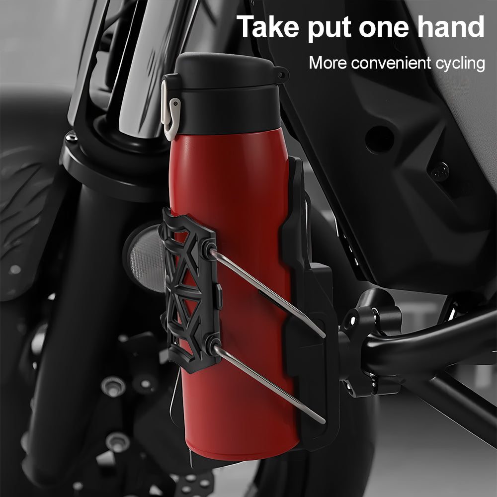 A Universal Motorcycle & Bicycle Water Bottle Holder is Attached on a Bike with a Bottle.