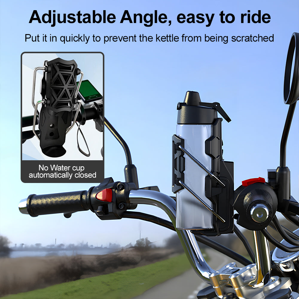 Universal Motorcycle Water Bottle Holder  is Attached on a Handle Bar of Motor Bike.